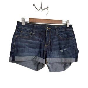 Arizona Jeans Womens Juniors Dark Wash Whiskered Distressed Cuffed Jean Shorts 7